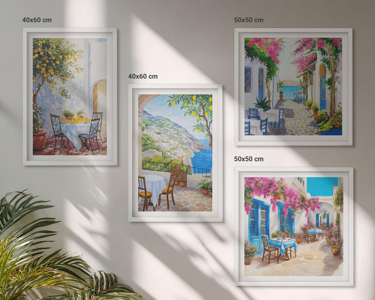WANDBILDER 4er-Set - 50x50 cm & 40x60 cm Weißer Rahmen - Charmante Straßen mit Pflanzen - Weiß, Kunststoff (50/50cm) - ArtPrintCave