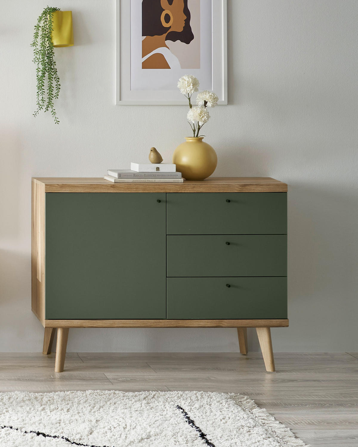 SIDEBOARD Salbei grün, Eiche Evoke, skandinavisch 107 cm, Kommode mit Vollauszug - Salbeigrün/Eichefarben, Holz/Holzwerkstoff (107/83/40cm) - Furn.Design