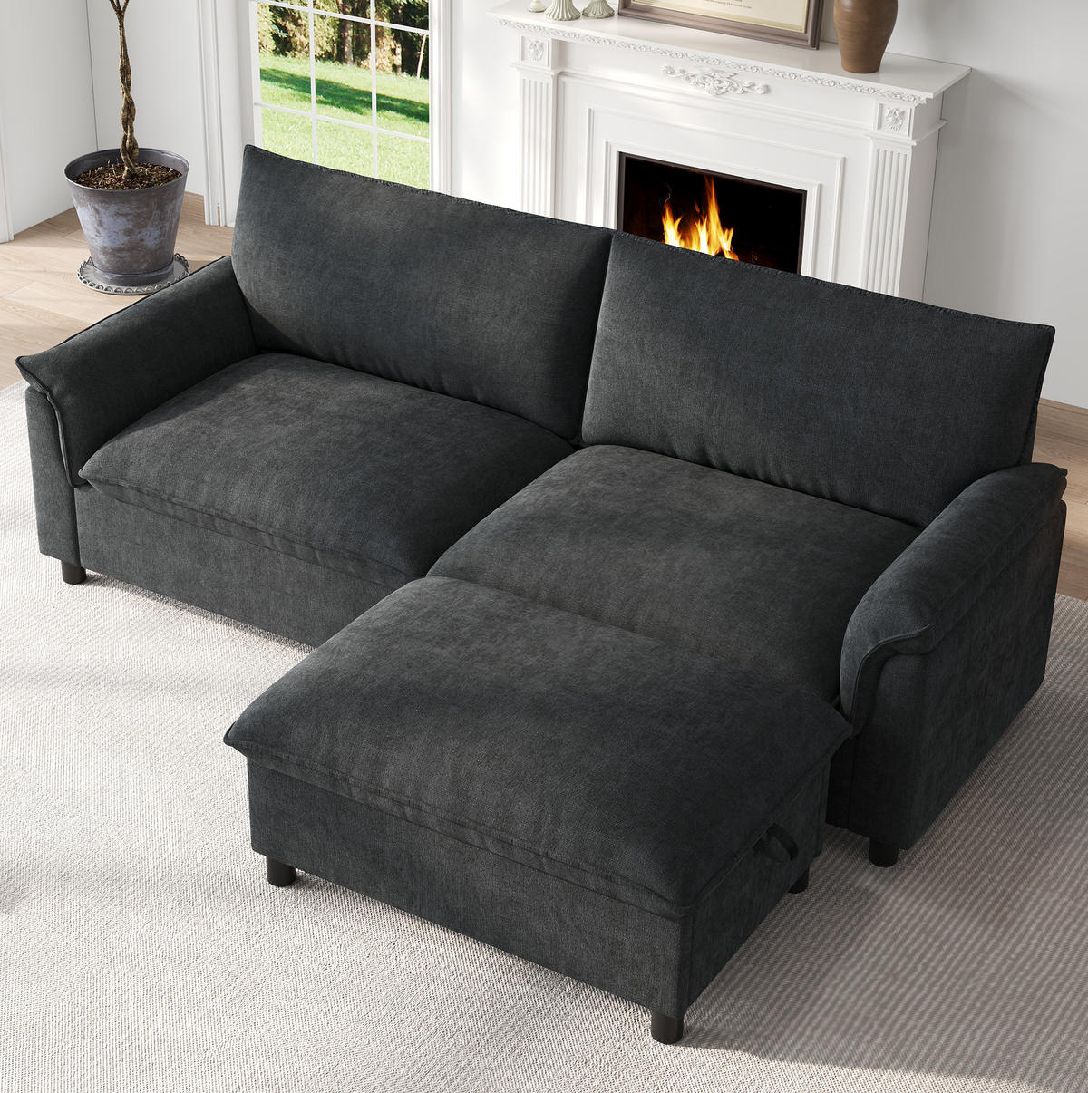 SOFA mit Hocker und Stauraum B 216 x T 77 x H 82 cm Chenille Black - Schwarz, Holzwerkstoff (77/216cm) - Meubliv