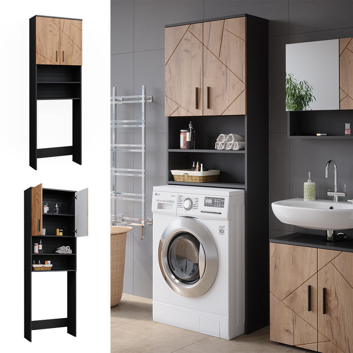WASCHMASCHINENSCHRANK Irma Anthrazit/Goldkraft Eiche 64 x 190.5 cm - Eiche Wotan, Holzwerkstoff (64/190.5/26cm) - Vicco