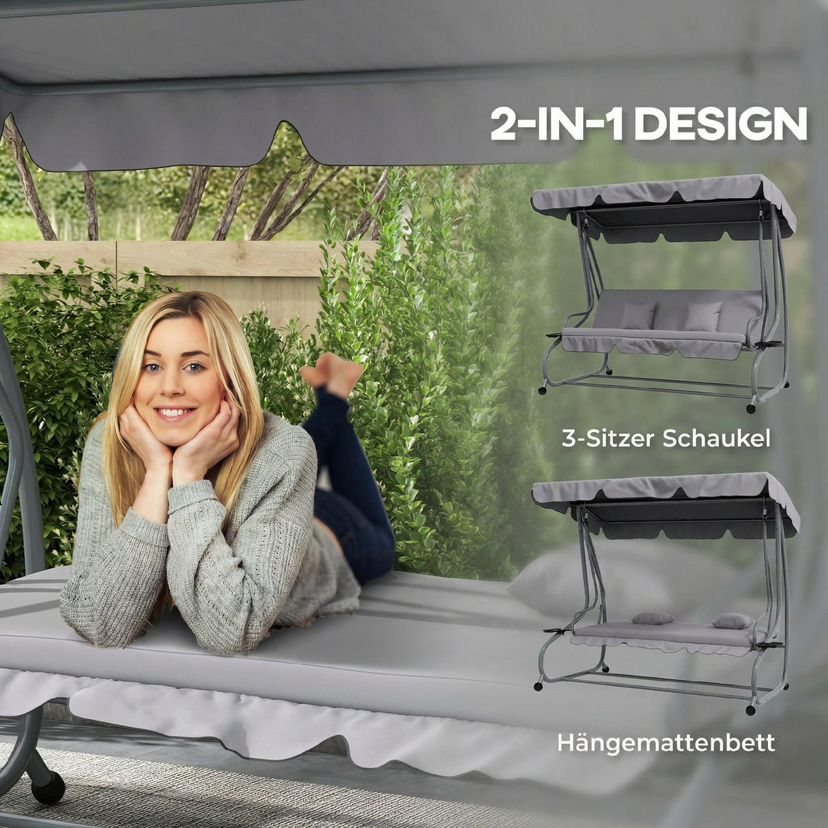 2-IN-1 HOLLYWOODSCHAUKEL DE-07032 Mit Liegefunktion, verstellbares Dach, Grau - Hellgrau, Textil/Metall (200/164/120cm) - ComfortXL