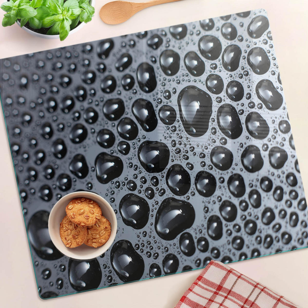 GLASPLATTE 60x52 cm Wassertropfen - Schwarz, Glas (60/0.4/52cm) - TULUP