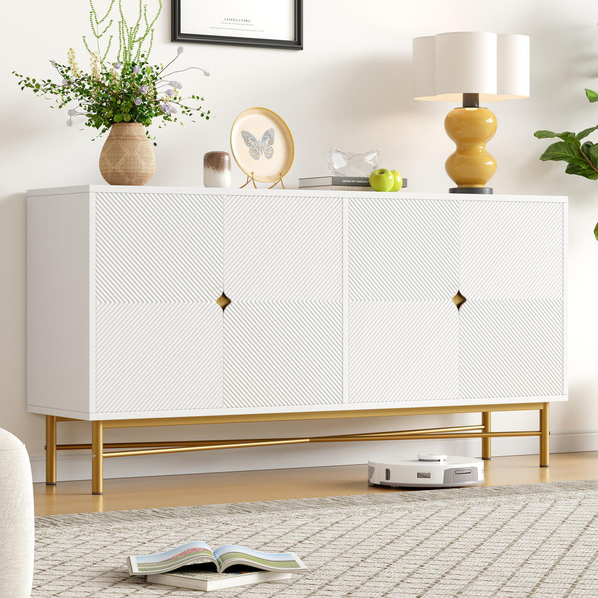 SIDEBOARD Weiß 4 Türen Gold Griffe Hochglanz 160x40x82cm - Weiß, Holzwerkstoff (40/82/160cm) - FLIEKS
