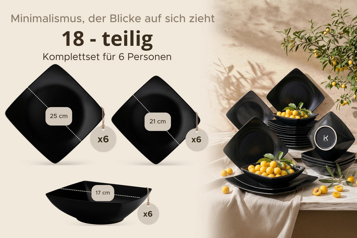 TAFELSERVICE EPIRI Geschirrset 6 Personen 18-tlg - Schwarz, Keramik (25/2/25cm) - KONSIMO®