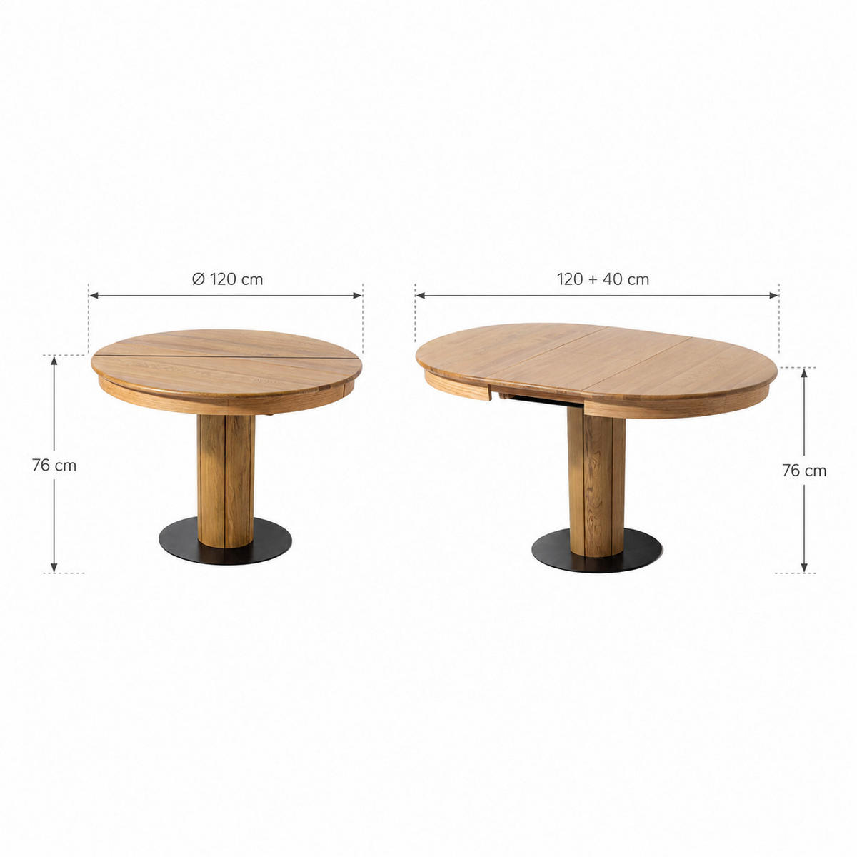 ESSTISCH Elin, Natur Massiveiche, Ø120 cm + 40 cm - Beige, Holz (120/120/76cm) - WOODEK