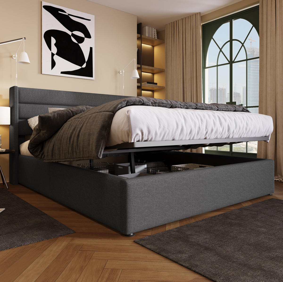 POLSTERBETT aus Leinen 140x200 cm in Grau mit hydraulischem Stauraum - Grau, Textil (140/200cm) - Modfu