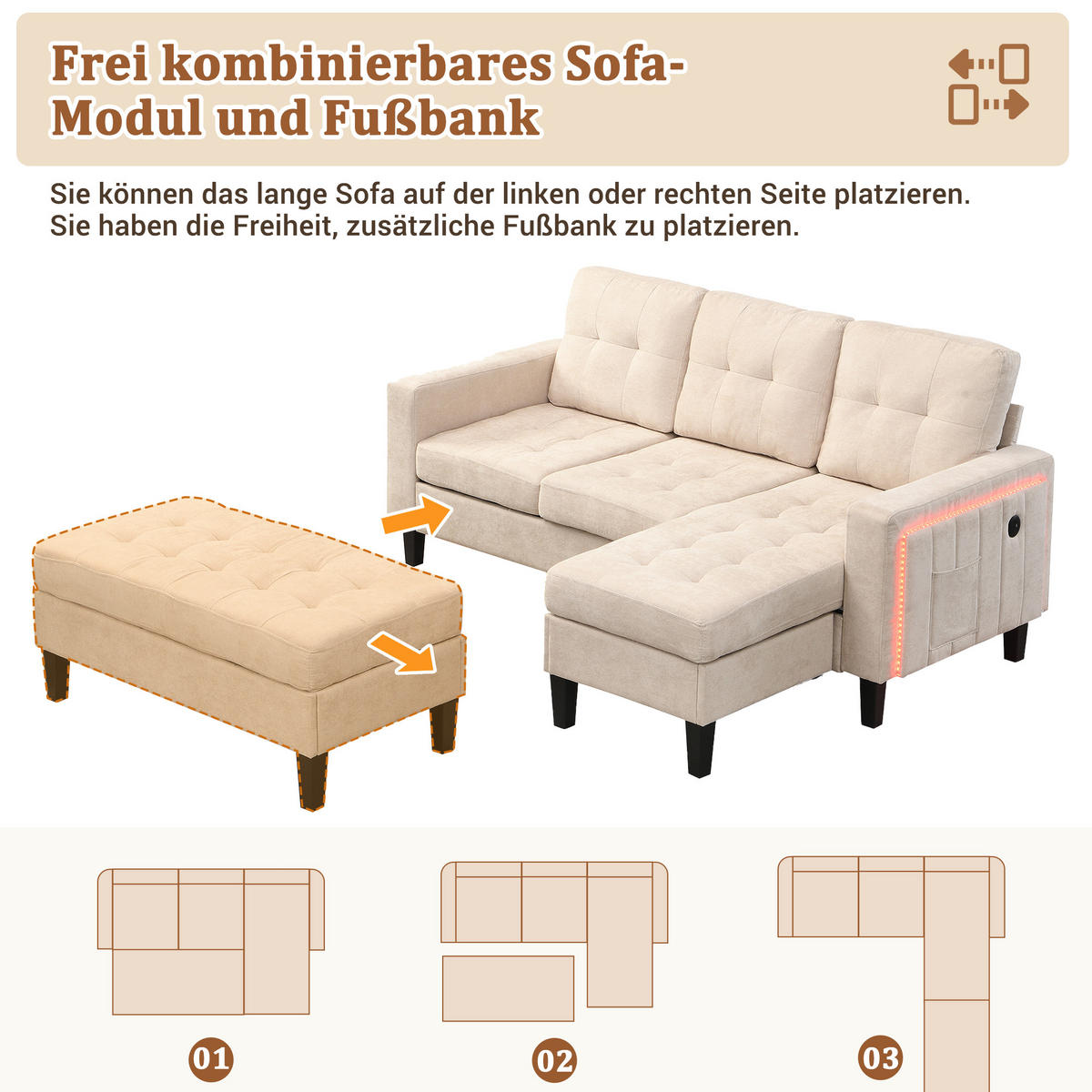 SCHLAFSOFA 185/135/85 cm Beige mit beweglicher Fußbank und LED-Ambiente-Beleuchtung - Beige, Textil (185/85/135cm) - Oxeza
