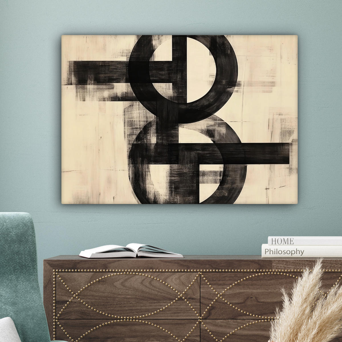 LEINWANDBILD Kreise - Balken - Schwarz - Abstrakt Wandbilder 80x60 cm - Schwarz, Textil (80/60cm) - MuchoWow