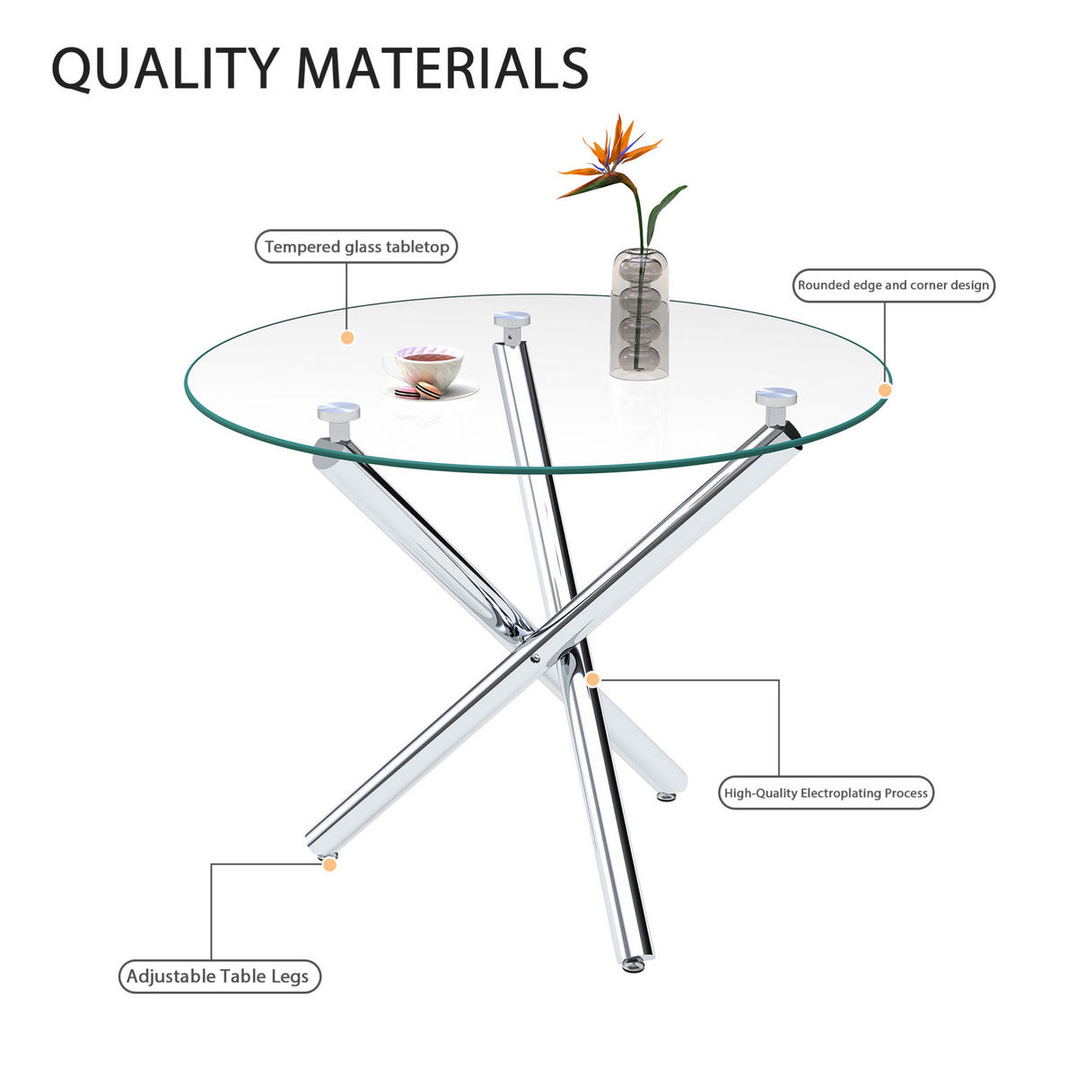 80/76/80 cm Silber aus Glas und Metall mit verstellbaren Gleitern - Silberfarben, Metall (80/80/76cm) - OKMYHOME