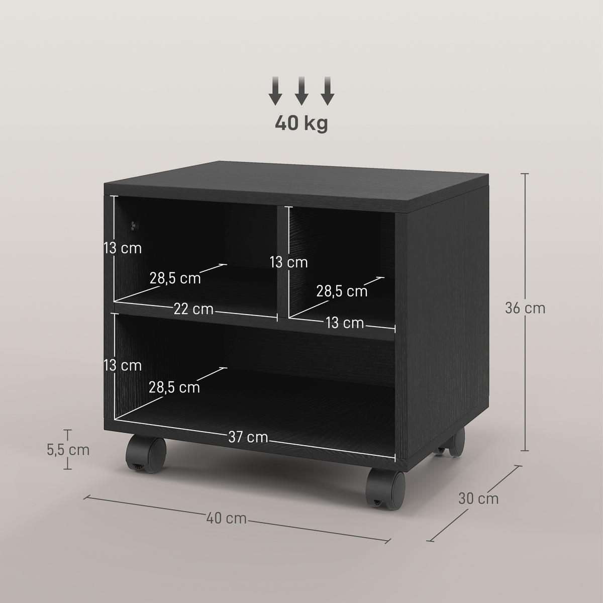 ROLLCONTAINER DE-14474 mit 3 offenen Fächern Schwarz - Schwarz, Holzwerkstoff (30/36/40cm) - ComfortXL