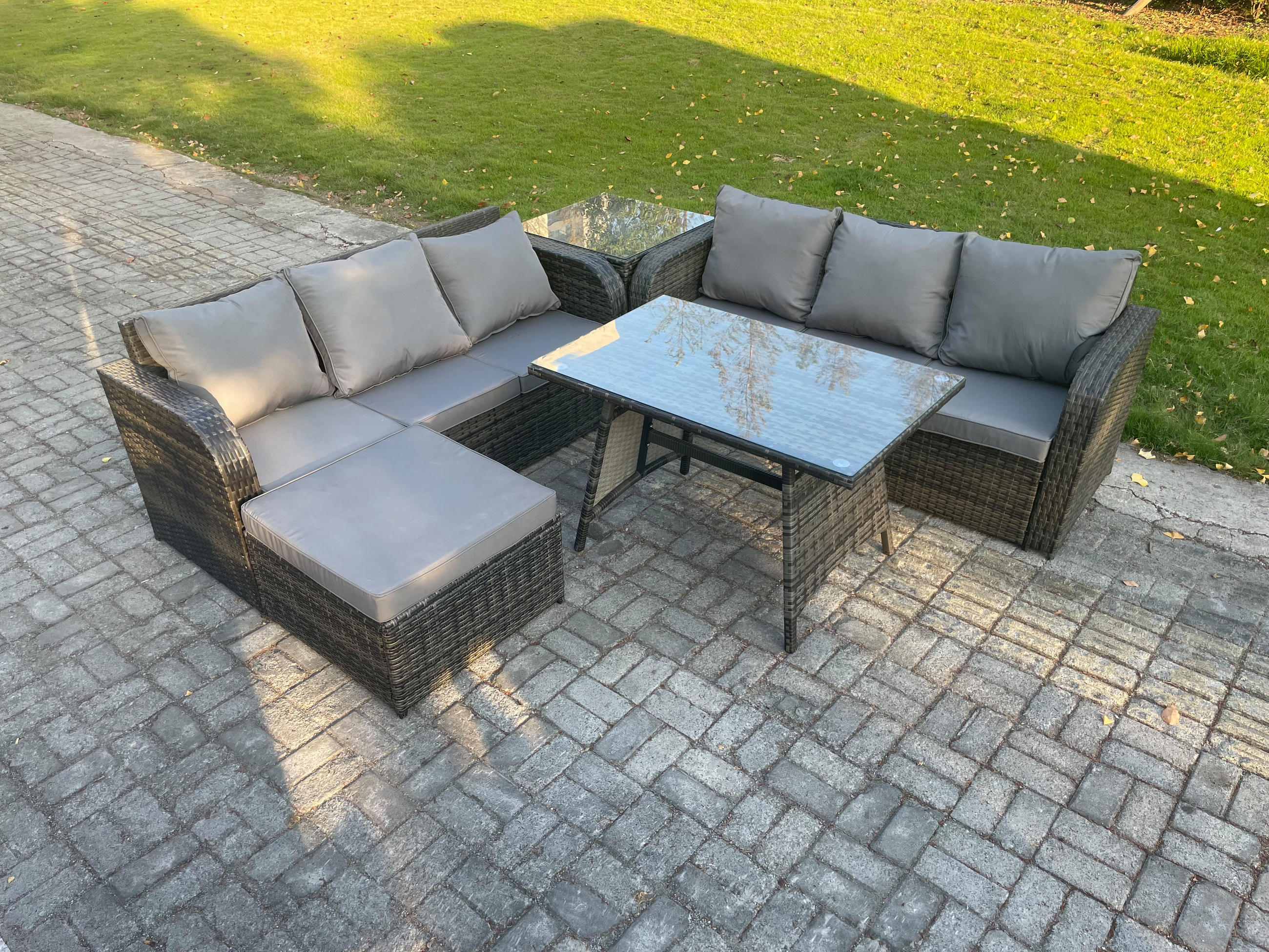 GARTENSET Hohe Rückenlehne Polyrattan 7-Sitzer - Dunkelgrau/Grau, Glas/Kunststoff - Fimous