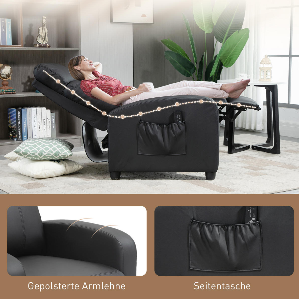 MASSAGESESSEL mit Liegefunktion, Relaxsessel mit Massagefunktion, Fernsehsessel - Schwarz, Leder/Kunststoff (88/98/68cm) - HOMCOM