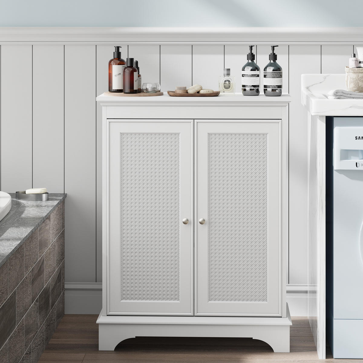 FREISTEHENDER Badezimmerschrank, weiß, mit Korbtür und verstellbarem Regal, moderner Stauraumschrank, geeignet für Bad, Wohnzimmer und Küche - Weiß, Holz (29.8/86.5/66.6cm) - Ej. Life