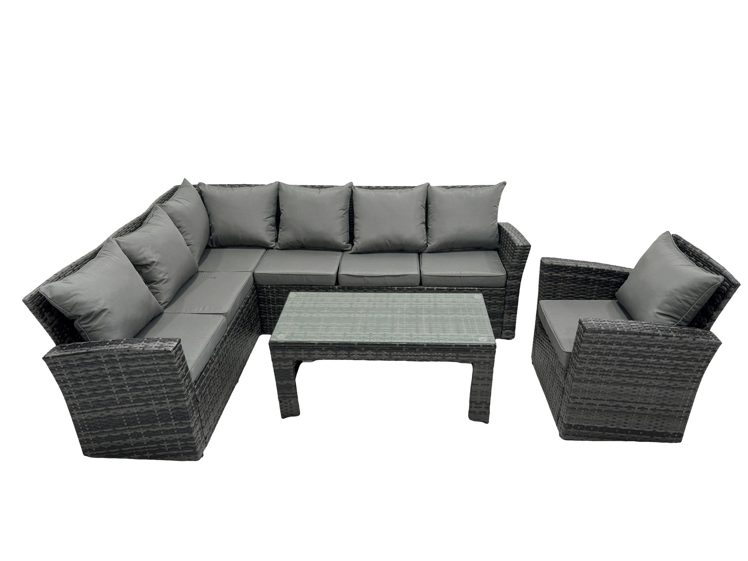 BALKONMÖBEL-SETS mit Ecksofa,Länglicher Couchtisch,Stuhl Polyrattan Dunkelgrau 7-Sitzer - Dunkelgrau/Grau, Glas/Kunststoff - Fimous
