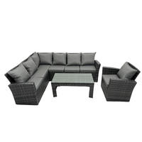 BALKONMÖBEL-SETS mit Ecksofa,Länglicher Couchtisch,Stuhl Polyrattan Dunkelgrau 7-Sitzer - Dunkelgrau/Grau, Glas/Kunststoff - Fimous
