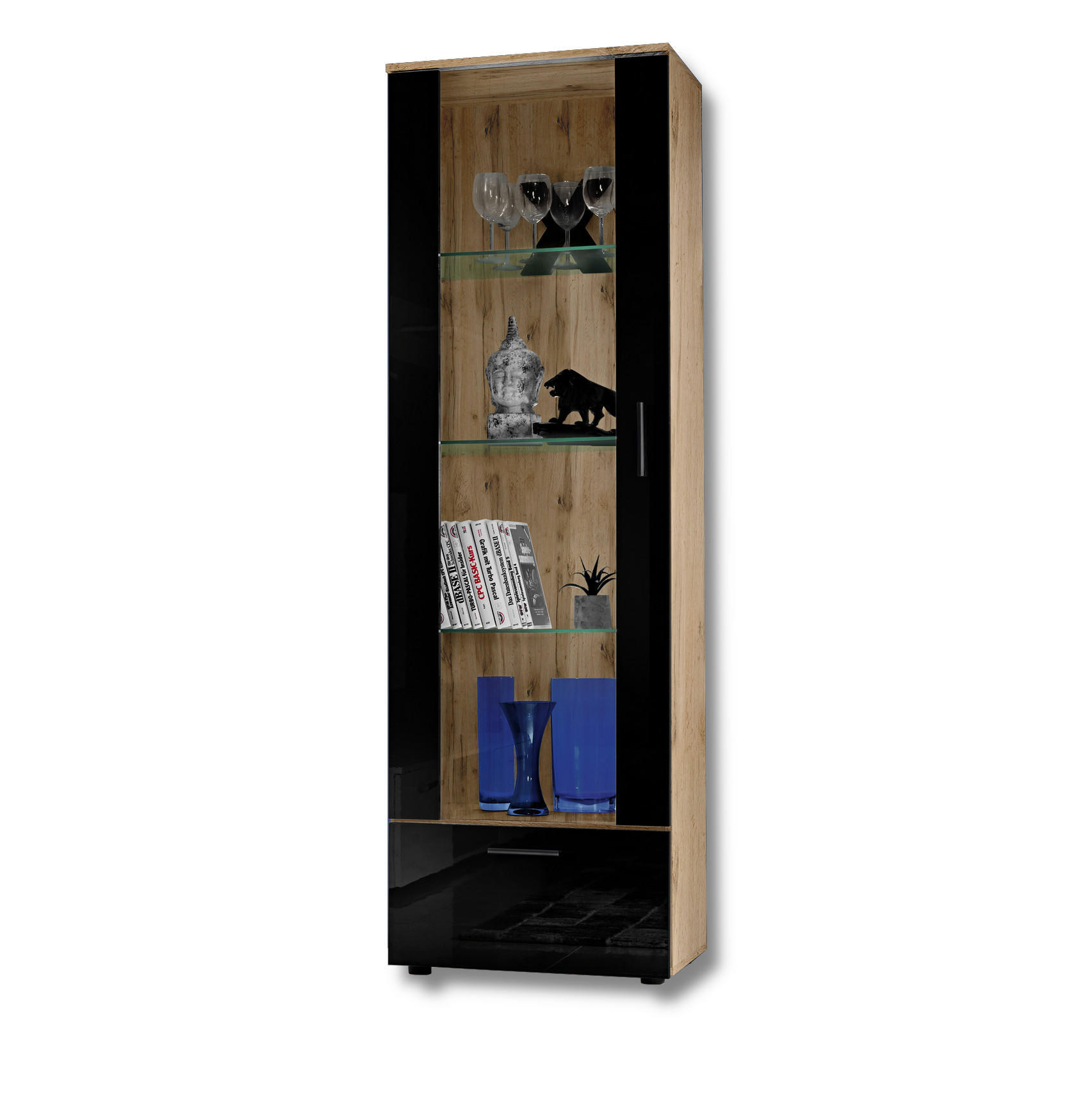 Komodee Vitrine Eiche Wotan, Schwarz 60x192x42 cm
