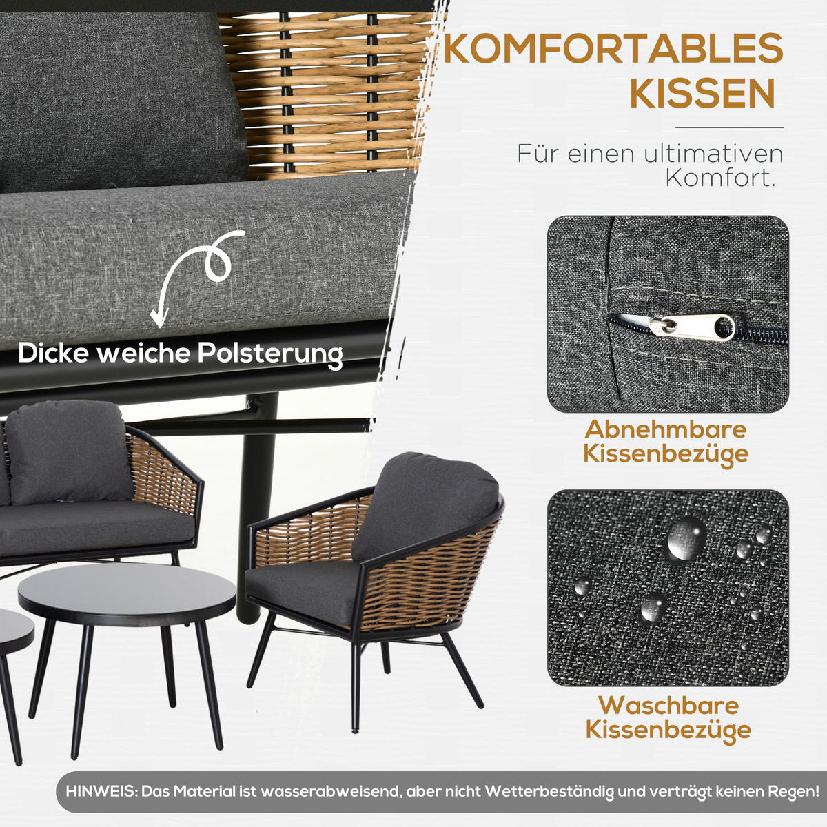 POLYRATTAN Gartenmöbel Set mit Sofa Kissen Aluminium Natur - Naturfarben, Kunststoff - Outsunny