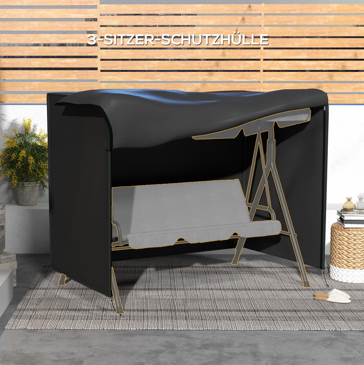 HOLLYWOODSCHAUKEL mit Abdeckung aus Polyester 205x124x164 cm Schwarz mit Reißverschluss - Schwarz, Textil (124/164/205cm) - Modfu