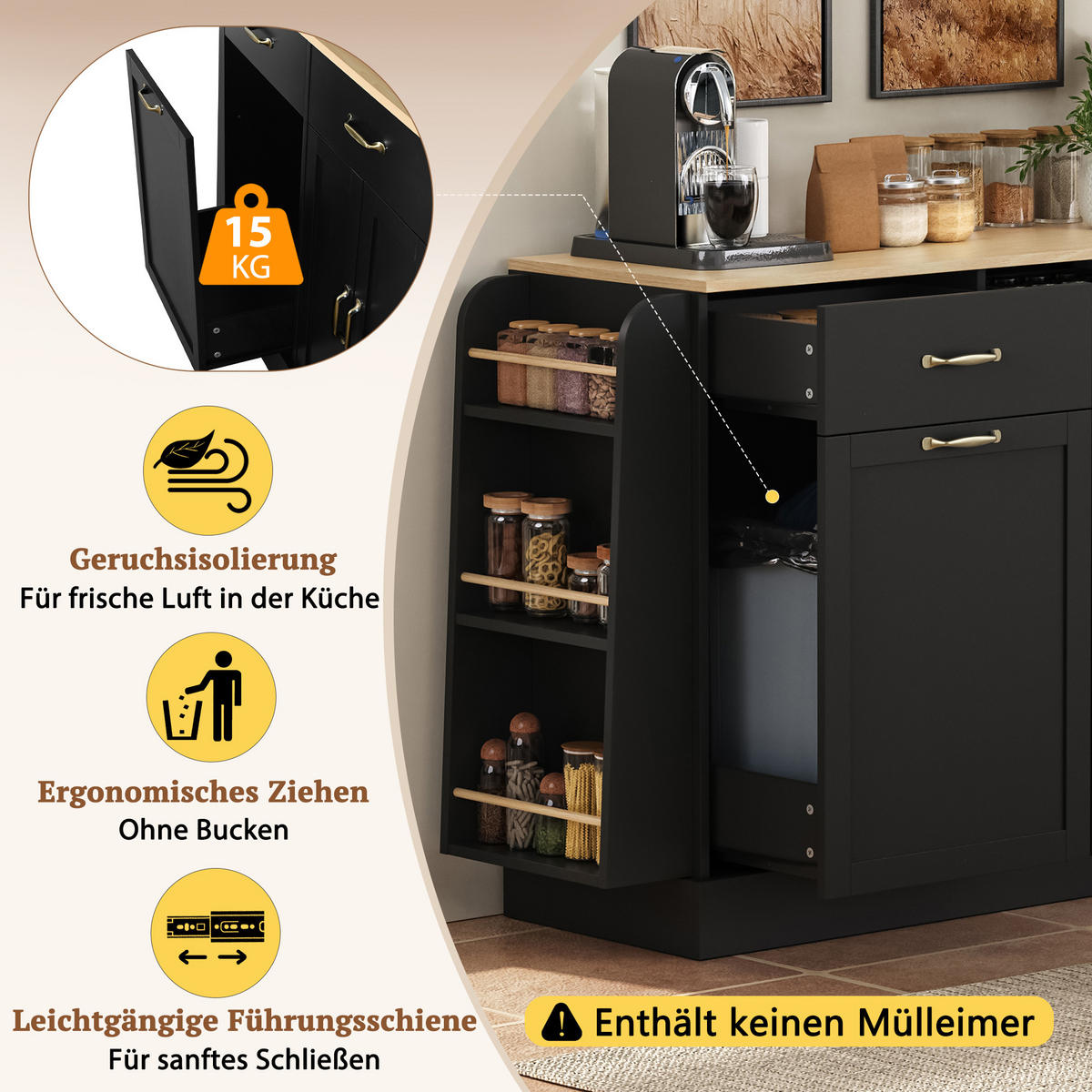 SIDEBOARD mit Abfallfach, Gewürzregal und Schubladen, Schwarz - Schwarz, Holzwerkstoff (133.5/86/40cm)
