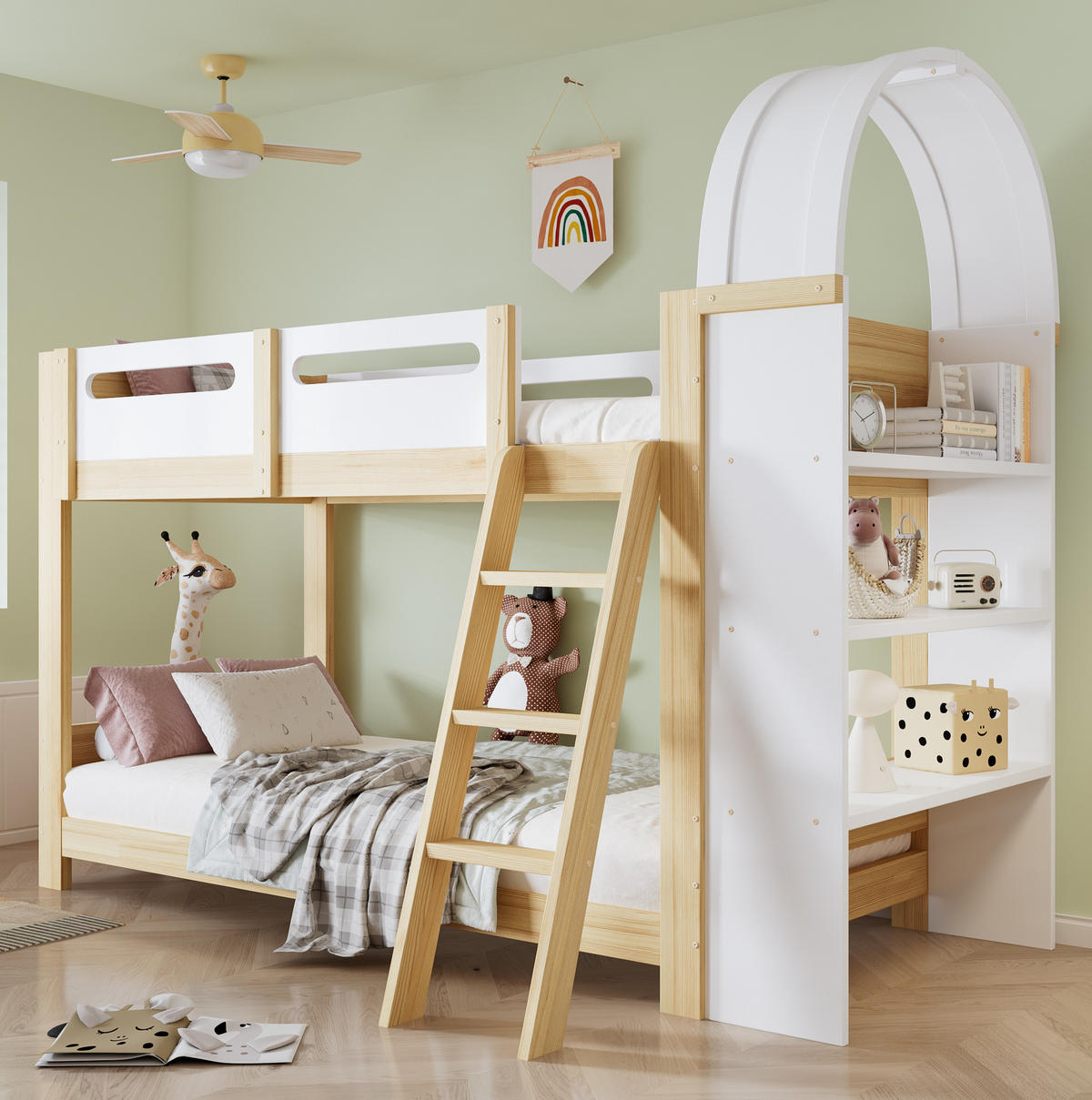 HAUSBETT 90/200 cm in Weiß/Natur mit Regal und Trittleiter - Naturfarben, Holzwerkstoff (90/200cm) - BEAOK