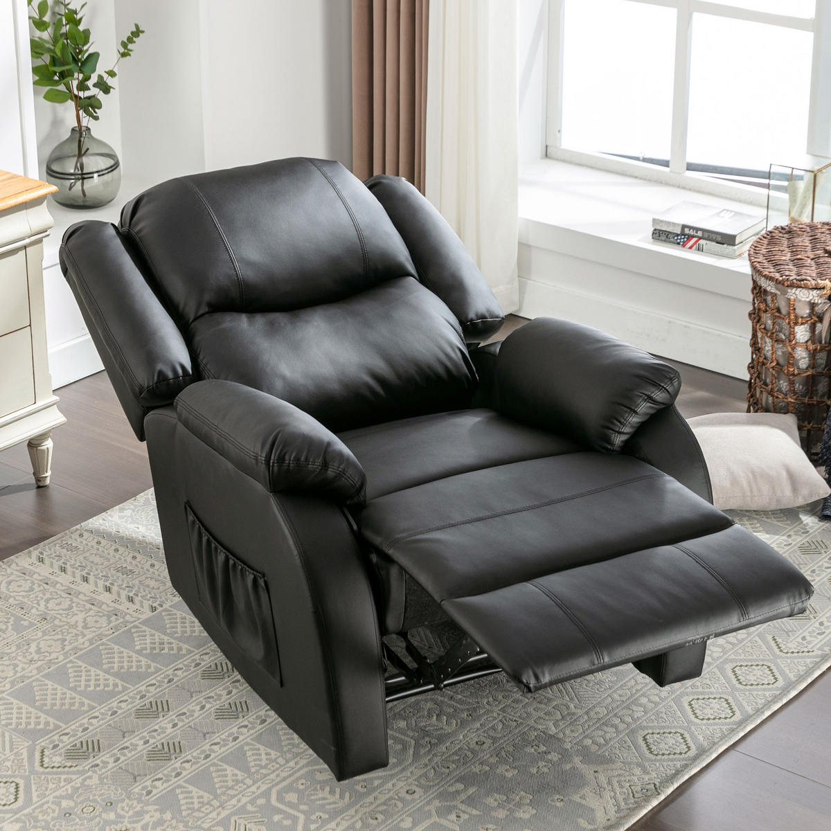 RELAXSESSEL mit Liegefunktion PU Leder Seitentasche 80/90/100 cm - Schwarz, Textil (80/100/90cm) - EVRYAE
