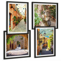 BILDER SET 4er Set - 50x50 cm & 40x60 cm Schwarzer Rahmen - Charmante Straßen und Pizza - Schwarz, Kunststoff (50/50cm) - TULUP