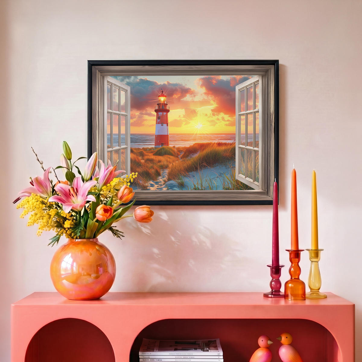 LEINWAND Bilder mit Rahmen - Aussicht - Fenster - Leuchtturm - Sonnenuntergang - Strand - 40x30 - Dunkelorange, Textil (40/30cm) - MuchoWow