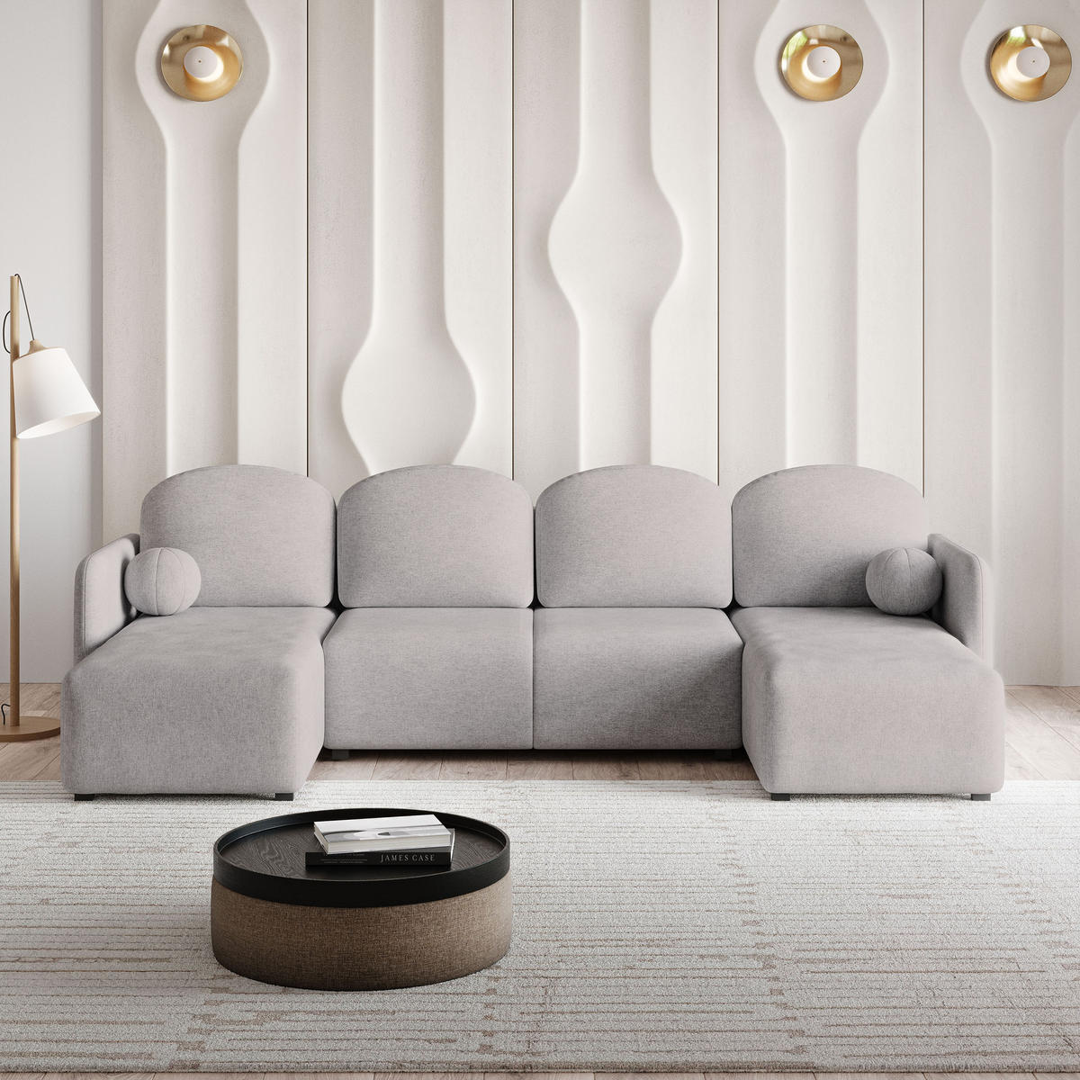 ROHOVÁ SEDAČKA NUBERO světle šedá - šedá/světle šedá, dřevo/textil (285/143cm) - MASSENO