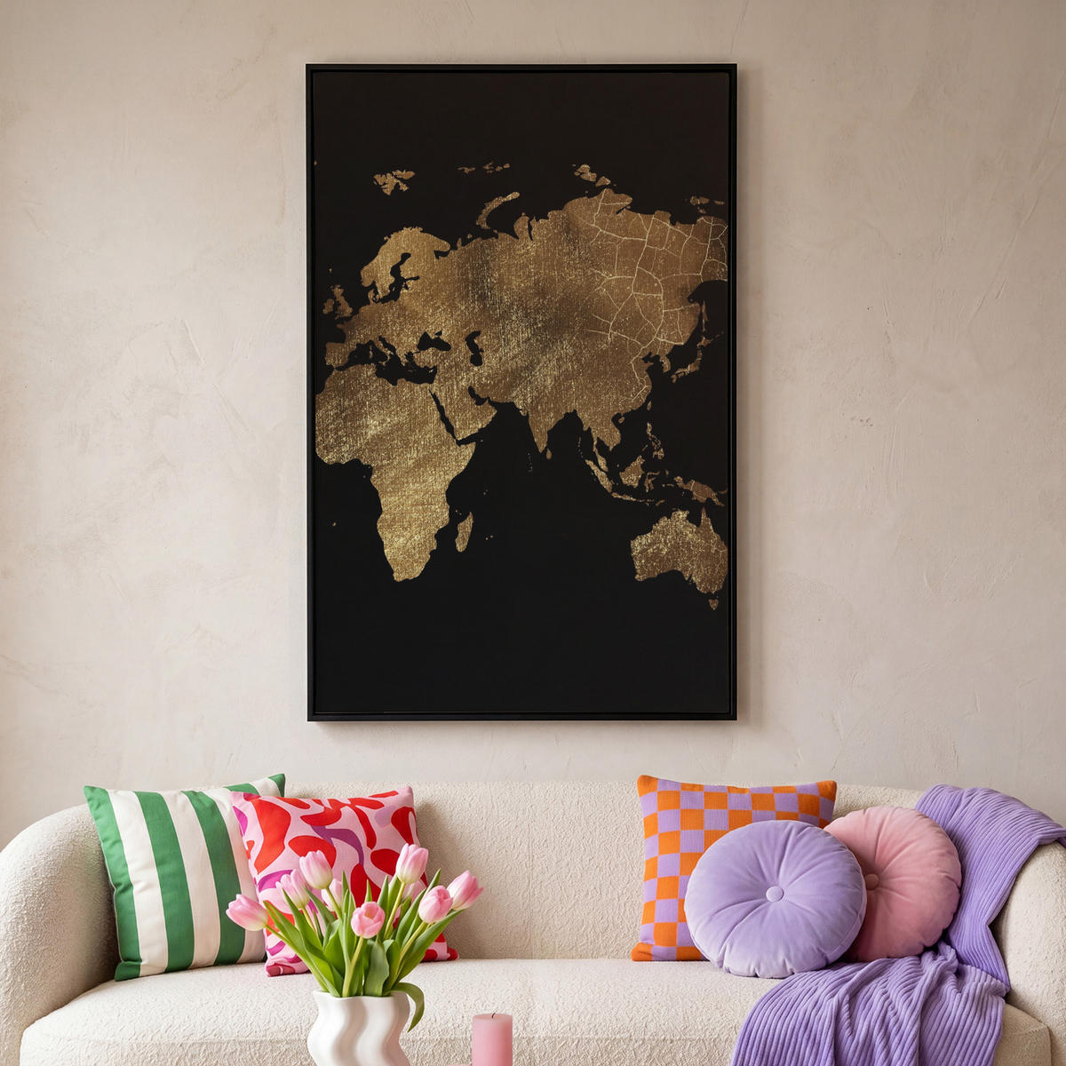 LEINWAND Bilder mit Rahmen - Weltkarte - Gold - Luxus - Erde - Schwarz - 100x150 - Goldfarben, Textil (100/150cm) - MuchoWow