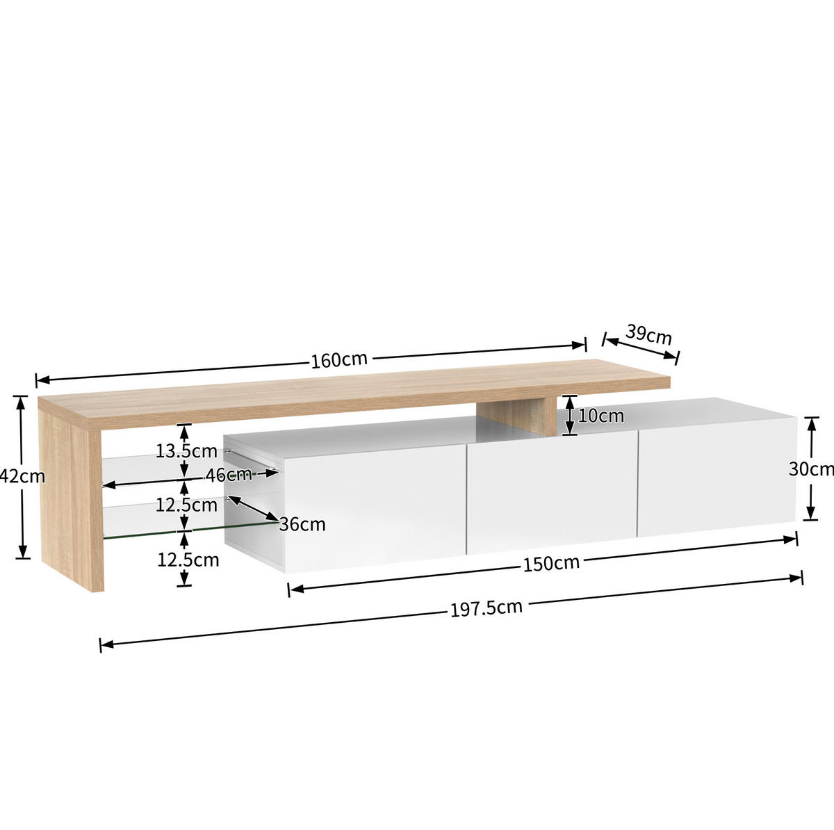 TV-LOWBOARD 197,5/39/42 cm mit 3 Türen und LED-Beleuchtung - Weiß, Holzwerkstoff (197.5/42/39cm) - BEAOK