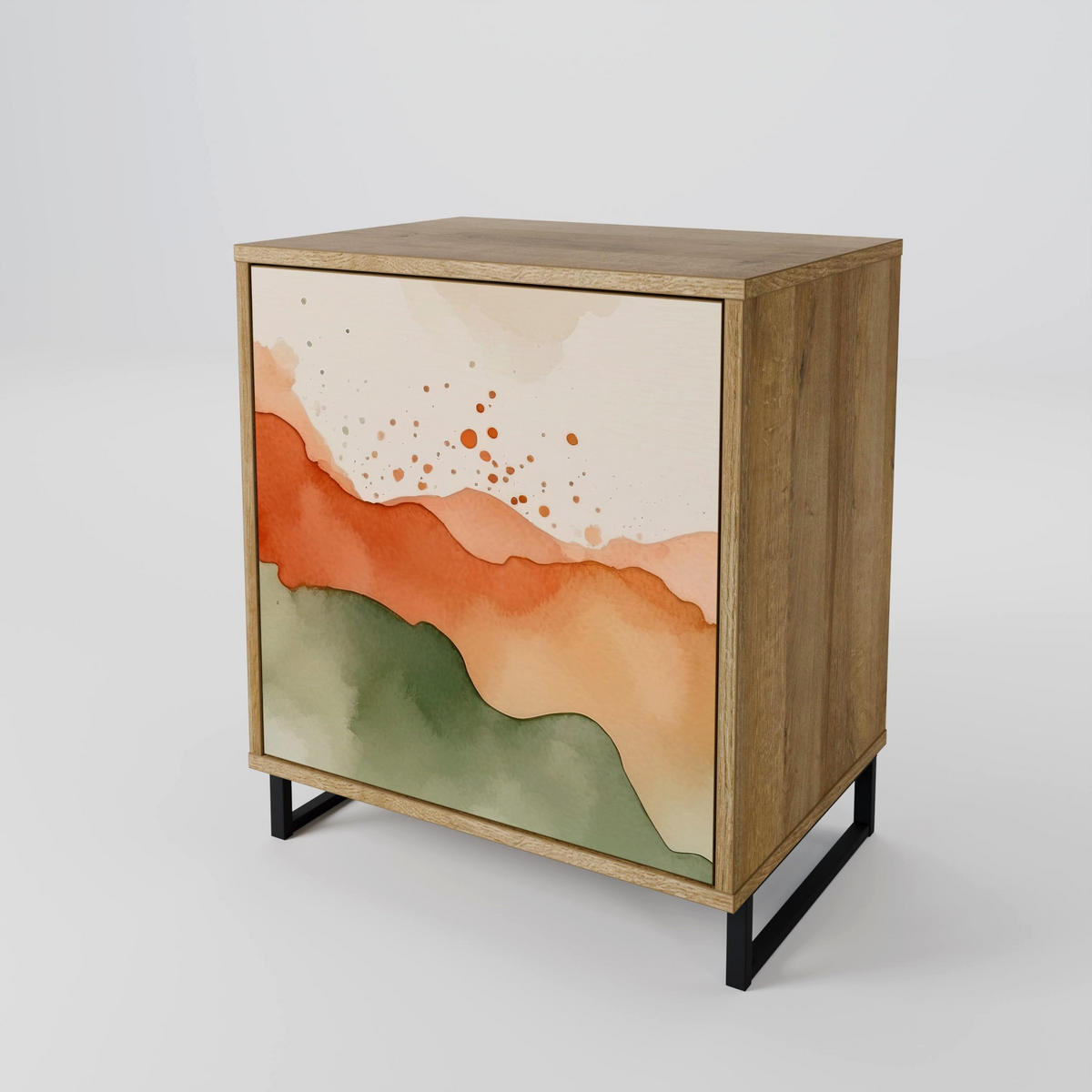 SIDEBOARD WATERCOLOUR PEAKS, Eichefarben, 57,5x42x70,5 cm, Schwarze Metall-Sternfüße - Eichefarben/Multicolor, Holzwerkstoff/Metall (57.5/70.5/42cm) - SpaceRebels
