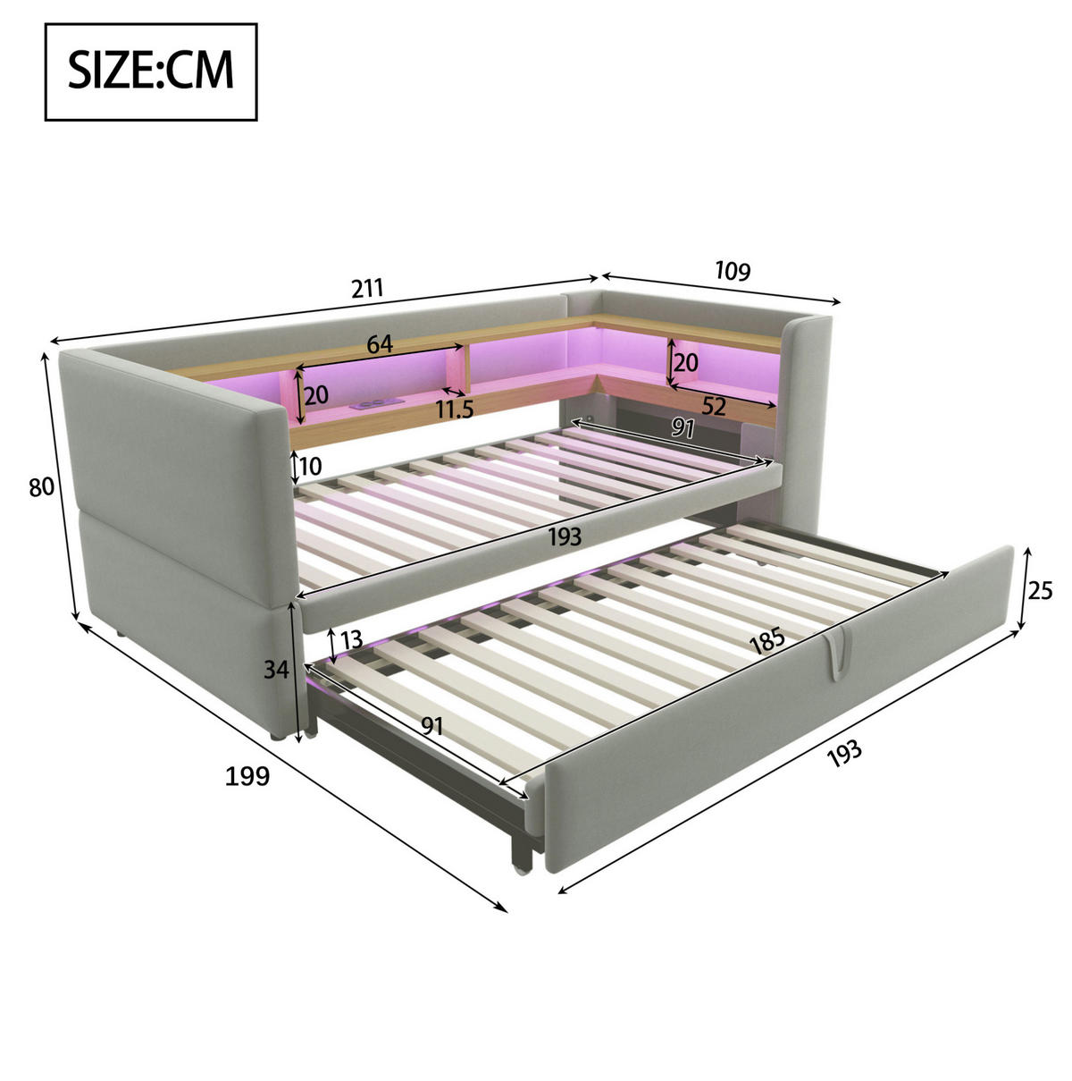 ČALÚNENÁ posteľ z flanelu 90x190 cm svetlosivá s LED osvetlením, zásuvkami a úložnými priehradkami - svetlosivá, textil (90/190cm) - Modfu
