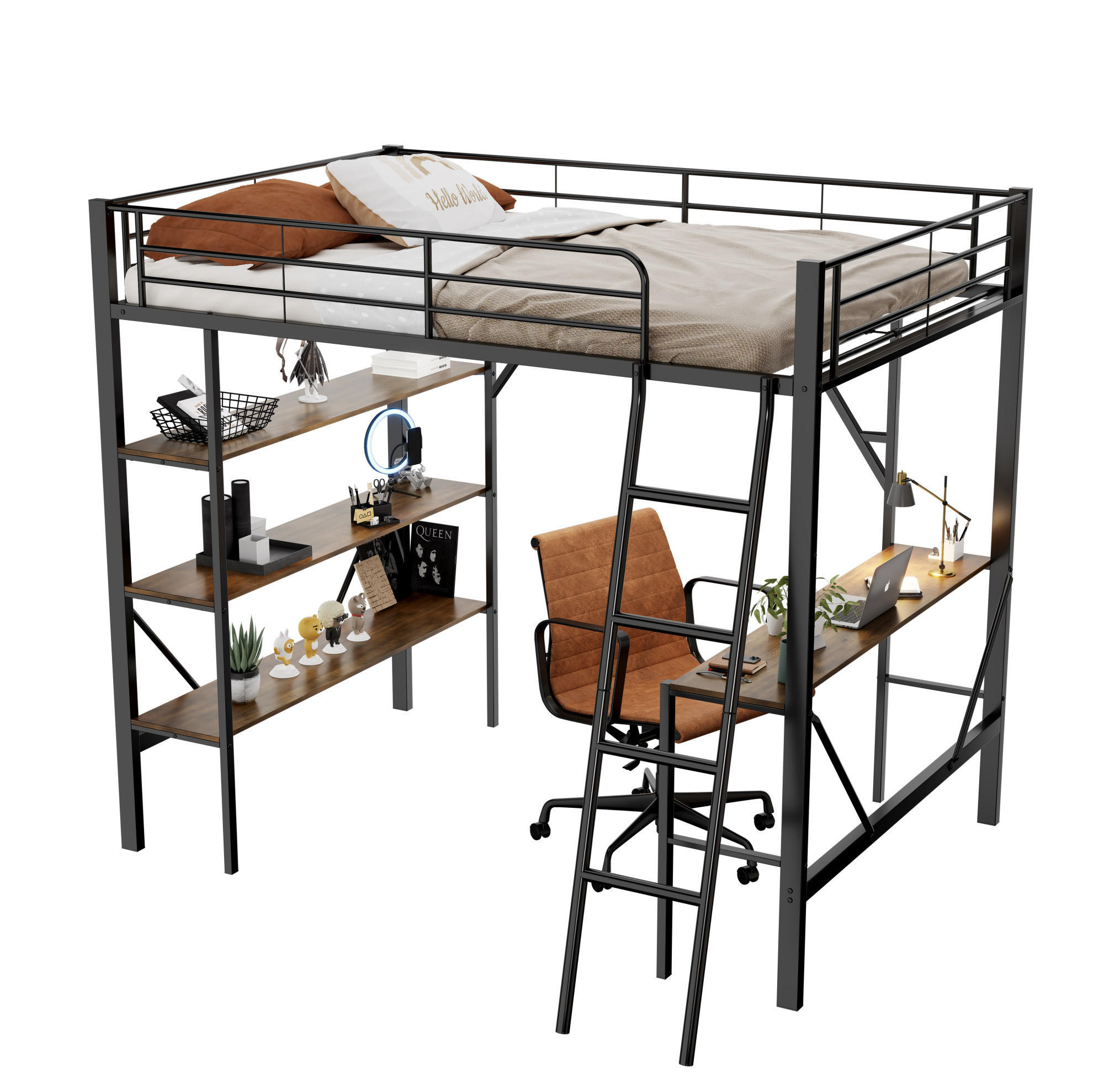 HOCHBETT 90/200 cm aus Metall und MDF mit Schreibtisch und 3 Ablagen Schwarz - Schwarz, Metall (90/200cm) - Modenvie