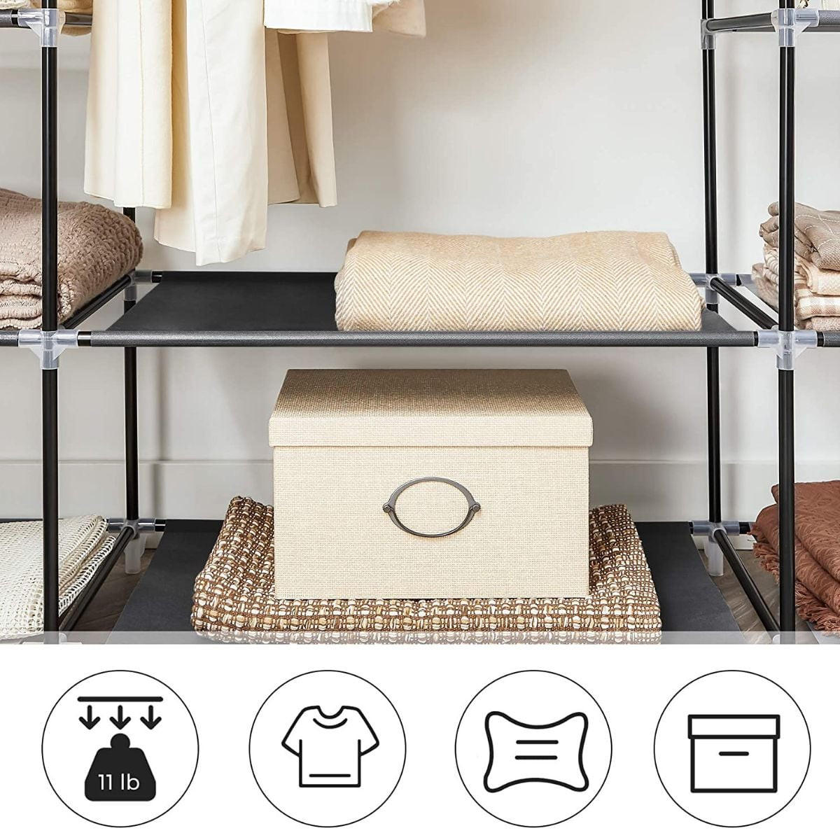 STOFFKLEIDERSCHRANK mit 12 Ebenen und Kleiderstange - L150 cm - Schwarz, Metall (45/175/150cm) - Calicosy