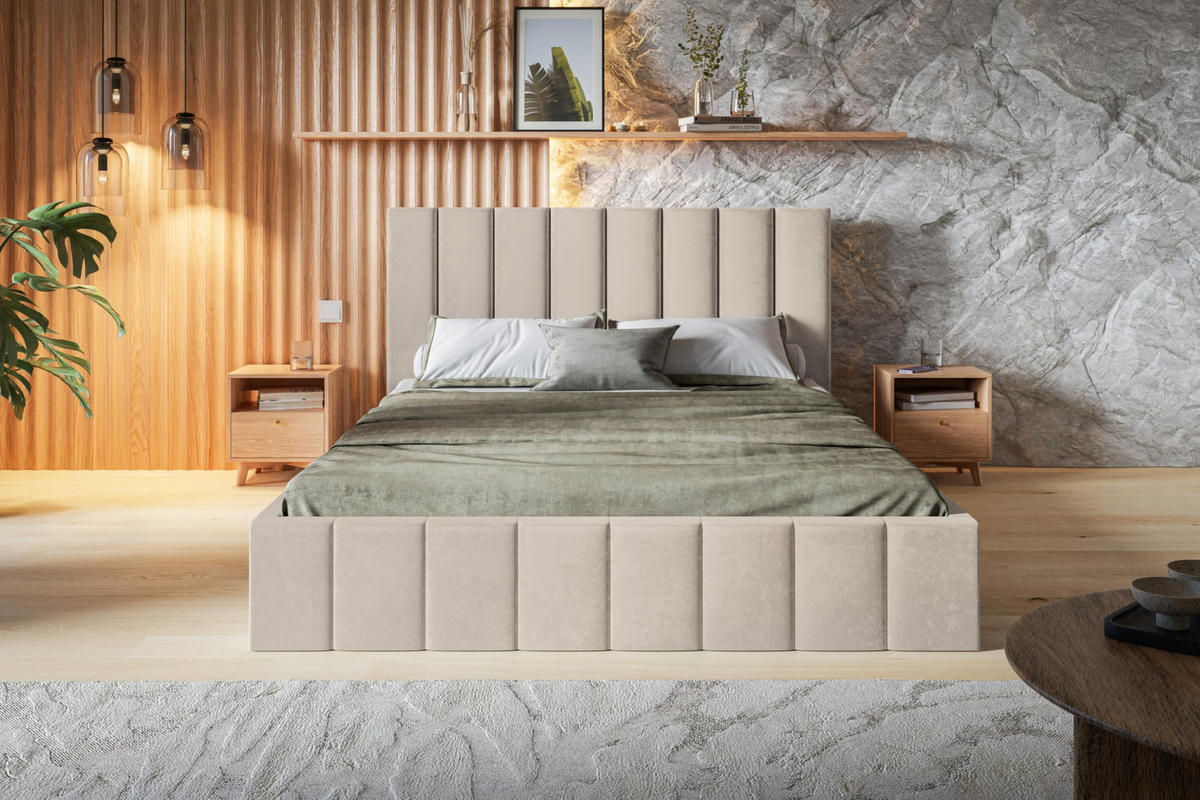 BETT 180x200 - Polsterbett mit Bettkasten und Holzrahmen - Modern Betten - Weicher Jasminstoff - Kollektion Toledo - Beige - Beige, Holz/Textil (180/200cm) - Alpi-Möbel