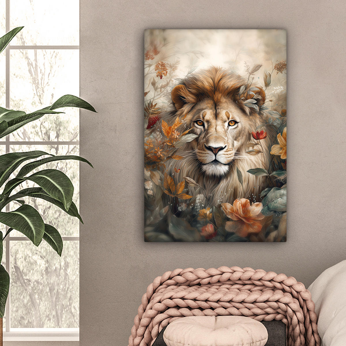 LEINWANDBILD Löwe - Wildtiere - Pflanzen - Natur - Blumen Wanddeko Schlafzimmer 60x90 cm - Beige, Textil (60/90cm) - MuchoWow