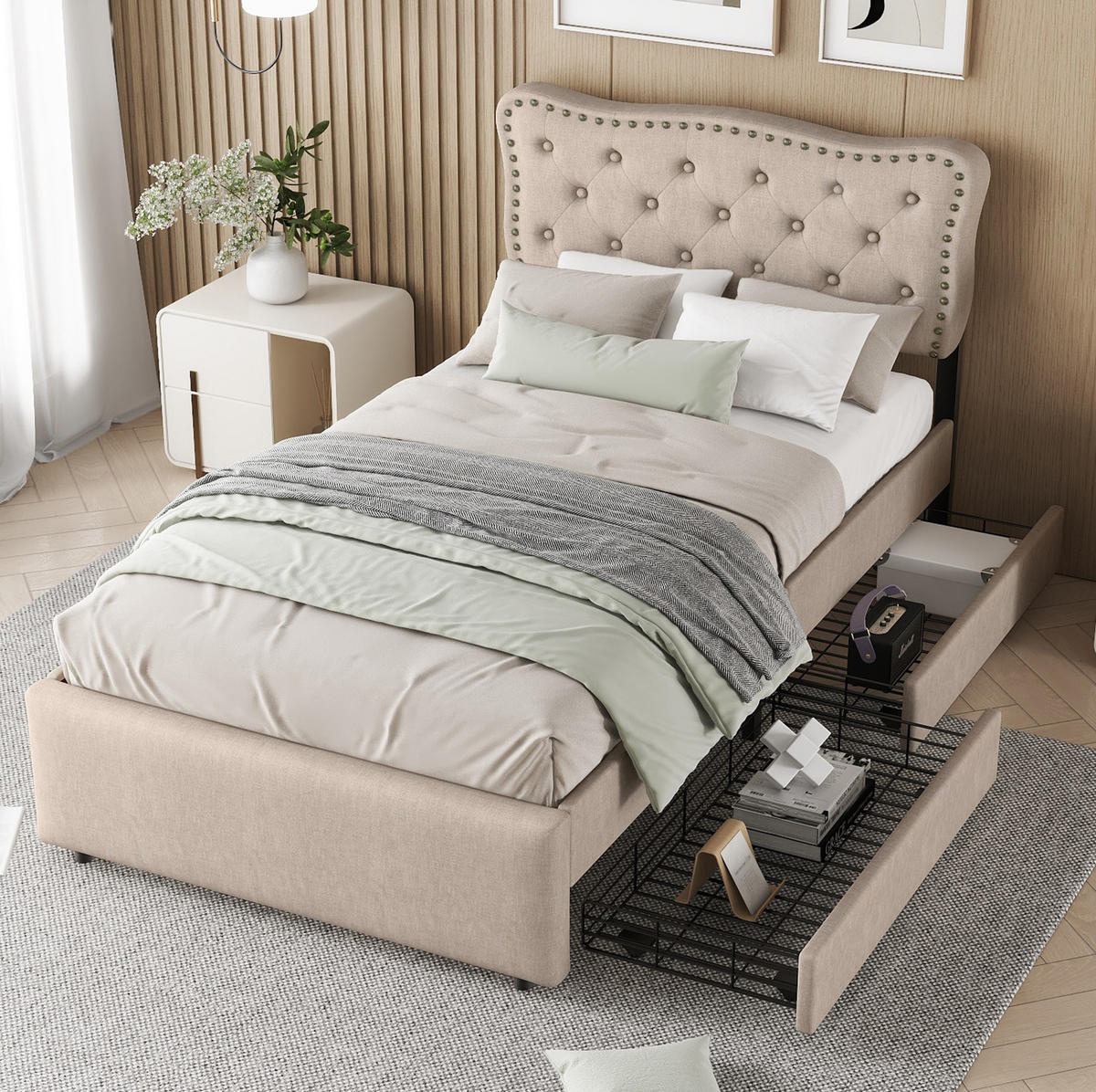 POLSTERBETT aus MDF und Leinen 90x200 cm in Dunkelbeige mit 2 Schubladen - Beige, Textil (90/200cm) - Modfu