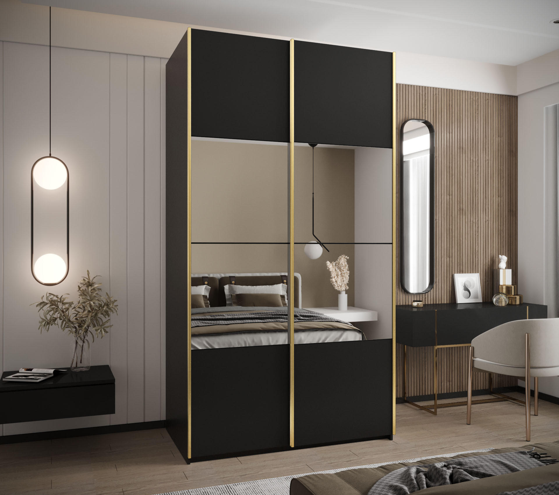 SCHWEBETÜRENSCHRANK 245,5/140/64 2-türig - Goldfarben/Schwarz, Holz/Metall (140/245/64cm) - Abiks Möbel