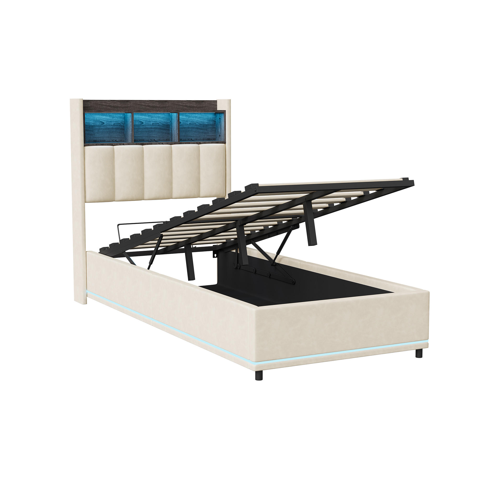 SHOPENTRA PLYNOVÁ tlaková jednolůžko 90x200 cm, LED, čelo postele, úložný prostor, bílá