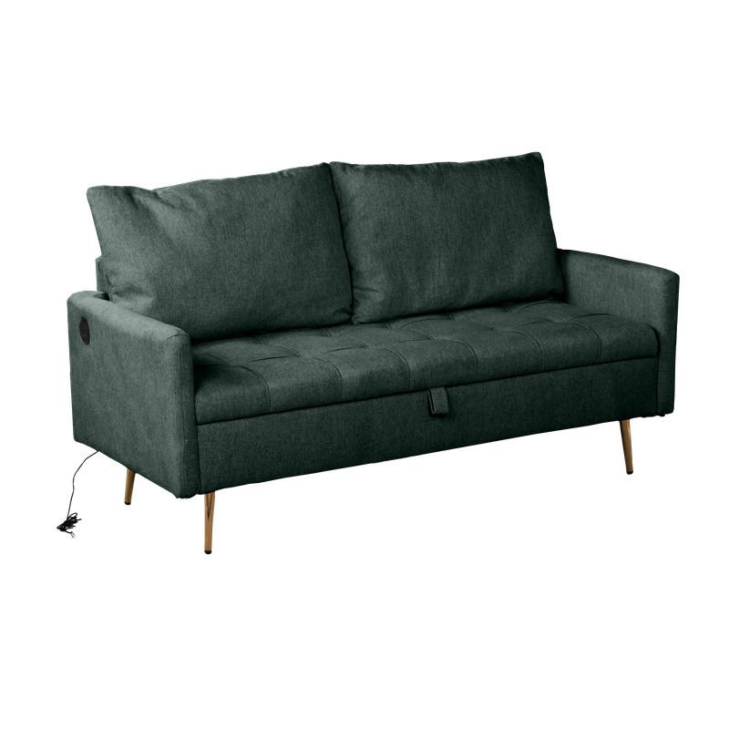 SOFA 2-Sitzer, Samtbezug, mit USB-Anschlüssen und Stauraum, Grün - Grün, Textil/Metall (154/83/72cm) - Meubles Cosy