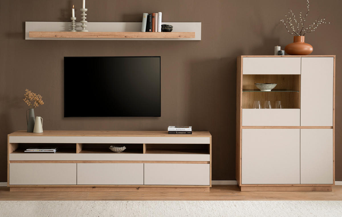 WOHNWAND Kaschmir, Artisan Eiche 292 cm 3-teilig, Schrankwand mit Soft-Close - Kaschmir/Eiche Artisan, Glas/Holzwerkstoff (292/170/45cm) - Furn.Design
