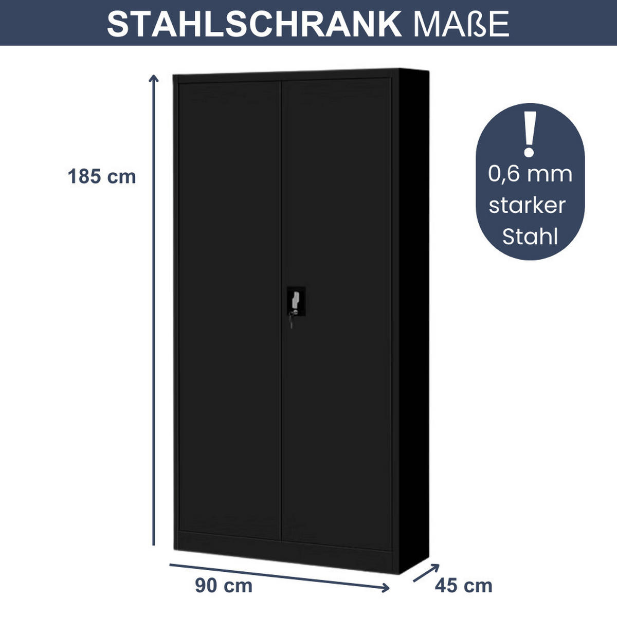 METALLSCHRANK abschließbar KODLI mit Geheimfach 185x90x45cm Schwarz - Schwarz, Metall (90/185/45cm) - DELUKE