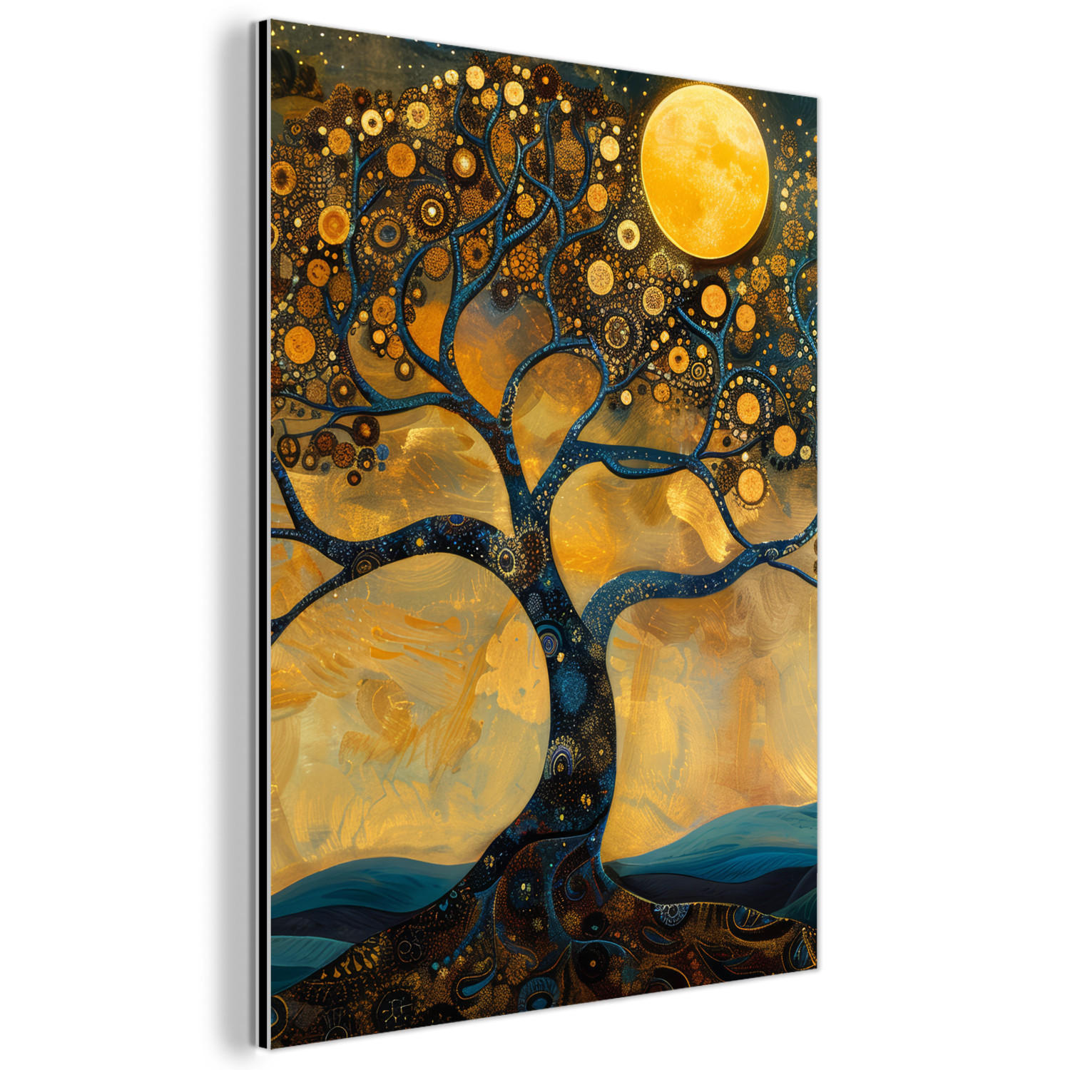 METALLBILD Baum - Mond - Blumen - Gold - Kunst 60x80 cm - Orange, Metall (60/80cm) - MuchoWow