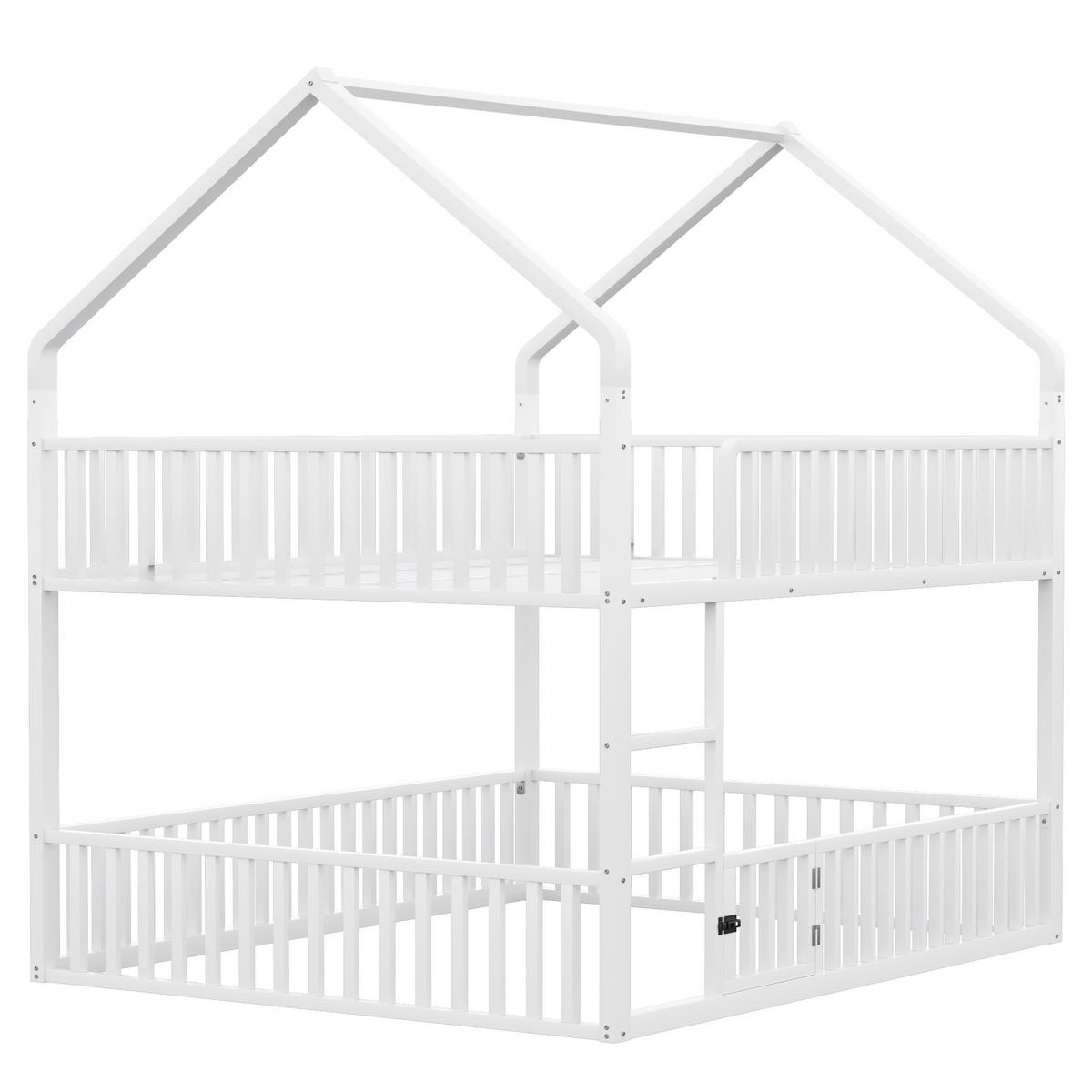 ETAGENBETT 140/200 cm Weiß aus Metall mit Haus-Design und Sicherheitsgeländern - Weiß, Metall (140/200cm) - OKWISH