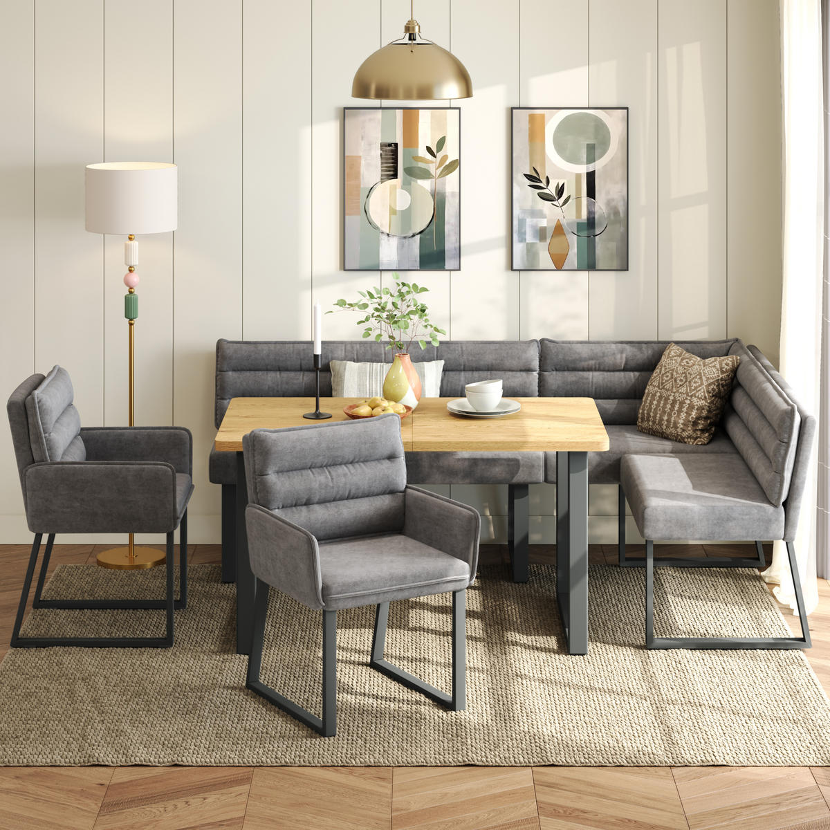 ECKBANKGRUPPE Grau Holz Chenille Tisch 2 Stühle Eckbank - Grau, Holzwerkstoff - FLIEKS