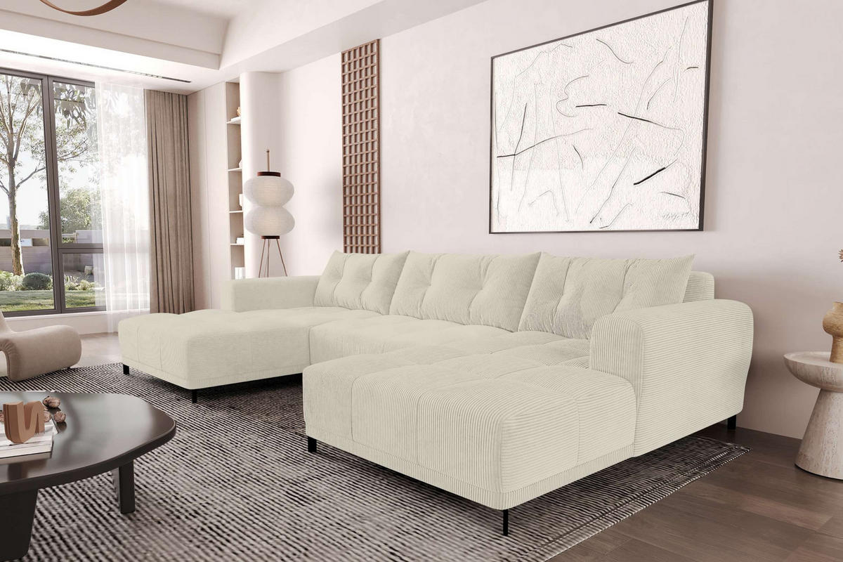 WOHNLANDSCHAFT Massimo Cordstoff Creme inkl. Schlaffunktion - Creme/Schwarz, Textil/Metall (356/94/181cm) - 99rooms