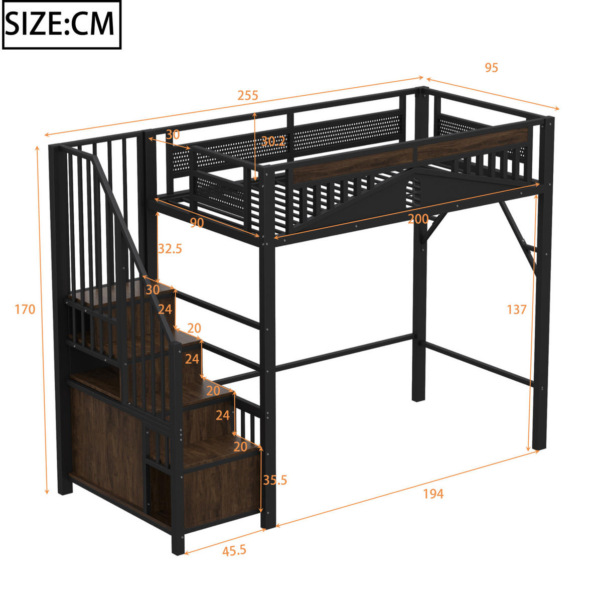 HOCHBETT 90/200 cm aus Metall/Holz mit Stauraumtreppe und Fensterzaun Schwarz - Schwarz, Metall (90/200cm) - Modenvie