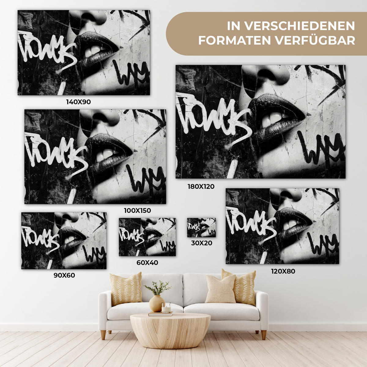 LEINWANDBILD Gesicht - Mund - Graffiti - Schwarz Wohnzimmer Groß 120x80 cm - Schwarz, Textil (120/80cm) - MuchoWow