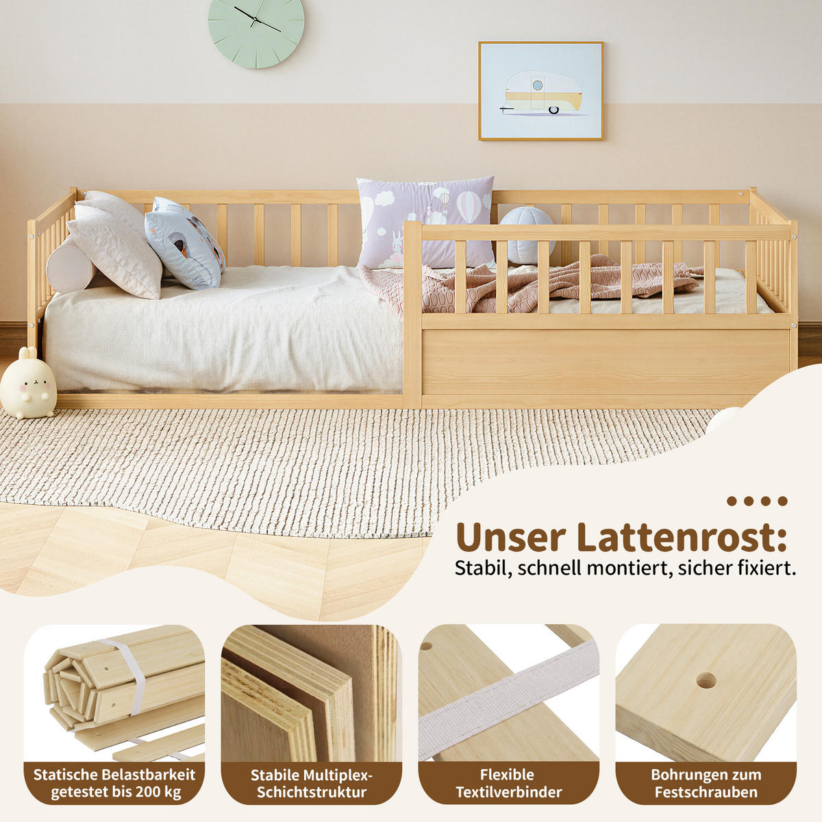 KINDERBETT 90/200 cm in Natur mit Lattenrost und offener Seite - Naturfarben, Holzwerkstoff/Metall (90/200cm) - WISHDOR