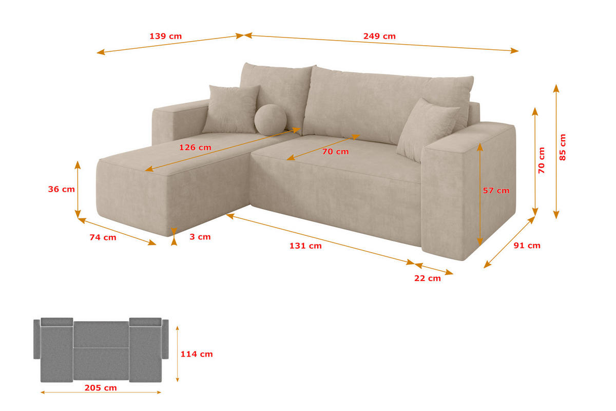 ROHOVÁ SEDAČKA s funkcí spaní, otoman vlevo SENO-L 249x139x85 béžová velur - černá/Sahara, kompozitní dřevo/textil (249/139cm) - ALTDECOR